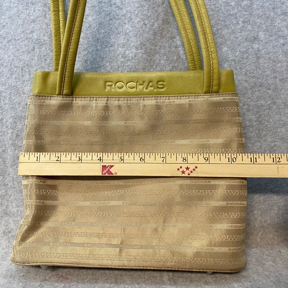 Rochas Paris Two Handle Purse Fabric & Leather 10" Tan / Green Phone Pouch - Picture 6 of 14